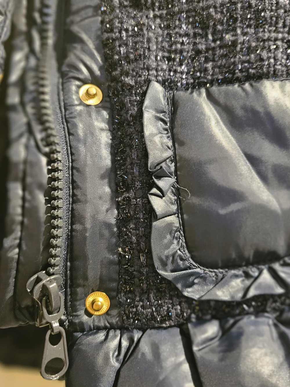 EPK Boutique Girl’s Tweed & Puffer Ruffle Winter Jacket Navy Blue - Size 12M